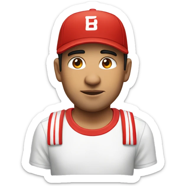 Man, male, young from about 30 to 40 years old, of Latin descent, with a t-shirt composed of red and white sticks vertically and a red cap sticker