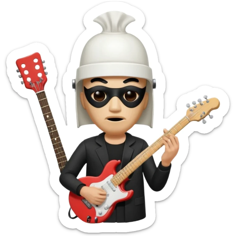 guitarist wearing a white bucket on his head, with two eye holes, a blank expression, and a small theatrical mask on the bucket. He’s holding an electric guitar, dressed in a simple black outfit, giving off a mysterious but playful rock legend vibe, kfc bucket on his head sticker
