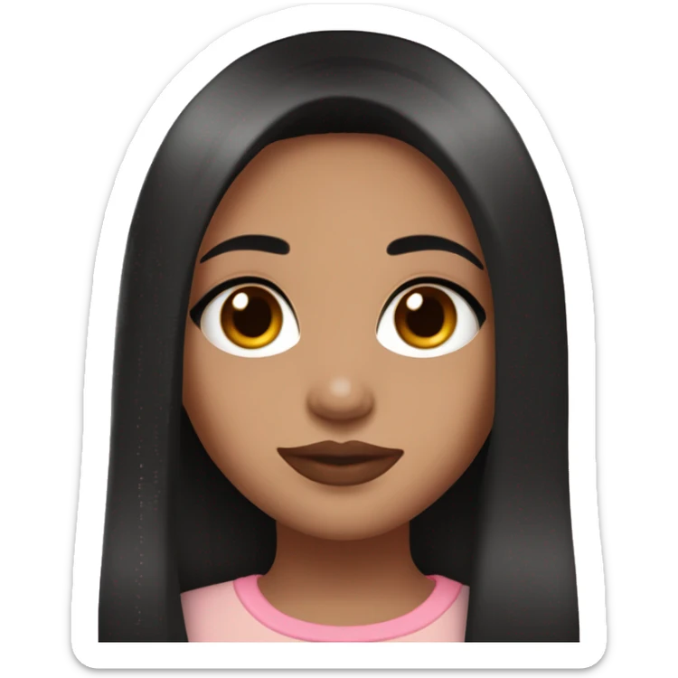  a teenage girl with black long hair/red highlights, brown eyes, medium lashes,light pink lips with lipgloss sticker