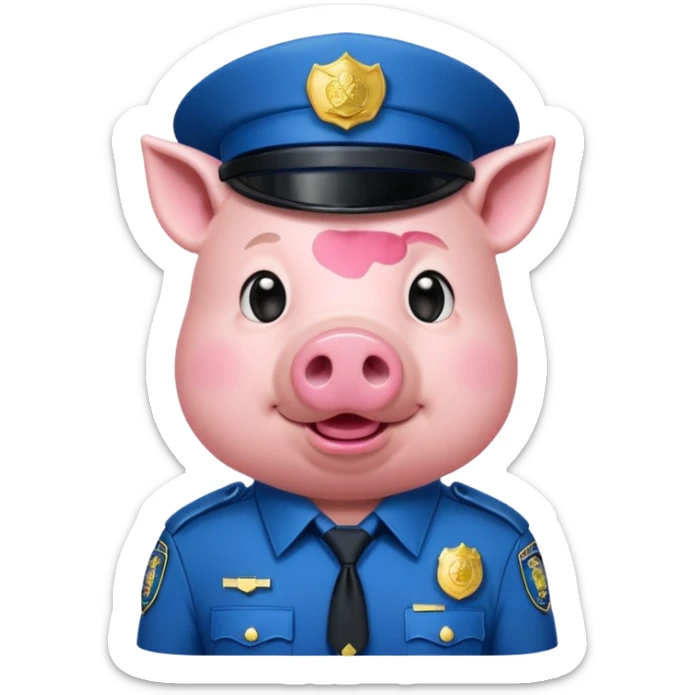 a pig, upright, in a police officer uniform, drooling and looking to the bottom left sticker