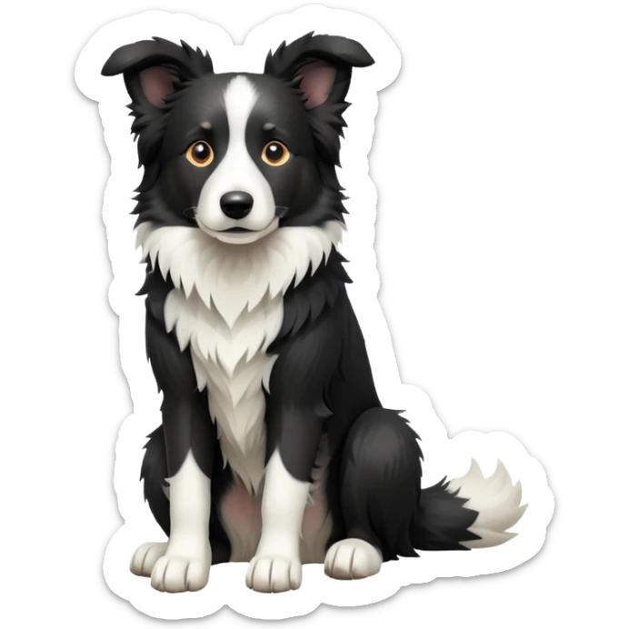 cinematic-[border collie dog]-realistic-full-body-sitting-emoji,-tail-resting-loosely-beside-its-paws,-head-tilted-dramatically,-scruffy-[black and white]-fur,-simplified-yet-realistic-focused-features,-highly-detailed,-glowing-with-an-almost-sarcastic-glow sticker