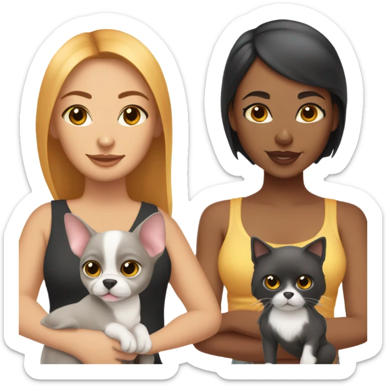 Latino woman with black staight hair and brown eyes is holding a grey sphynx kitten and a ginger/ yellowish pomeranian dog sticker