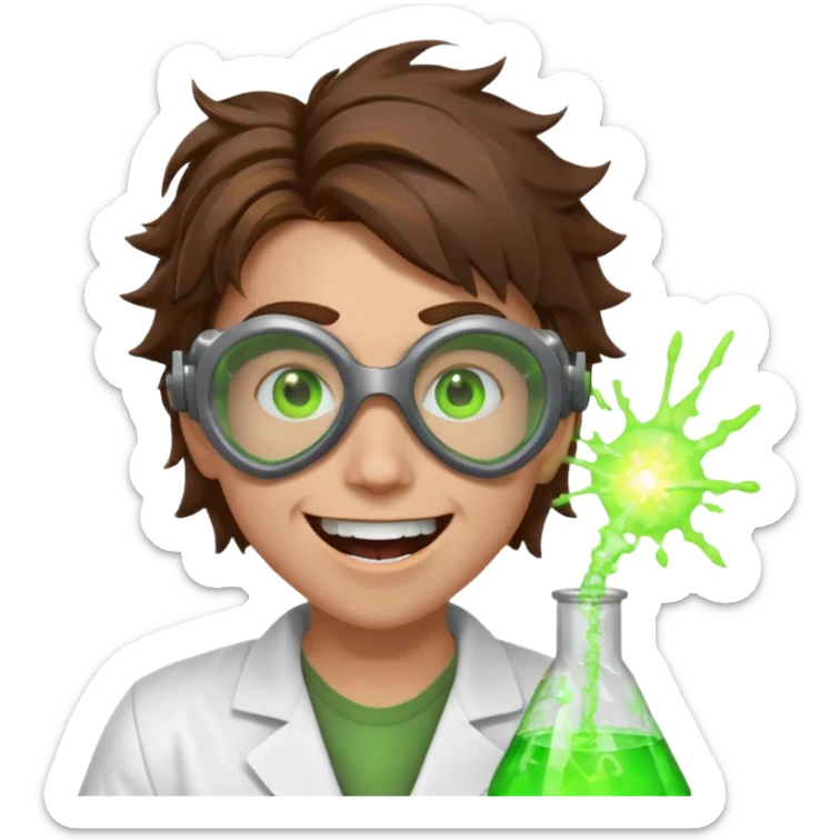mad nuclear scientist portrait, head and shoulders only, messy hair, cracked goggles, glowing radioactive green light, excited crazy smile, 3D cartoon, mobile game icon style, clean background, no text, no watermark
 sticker