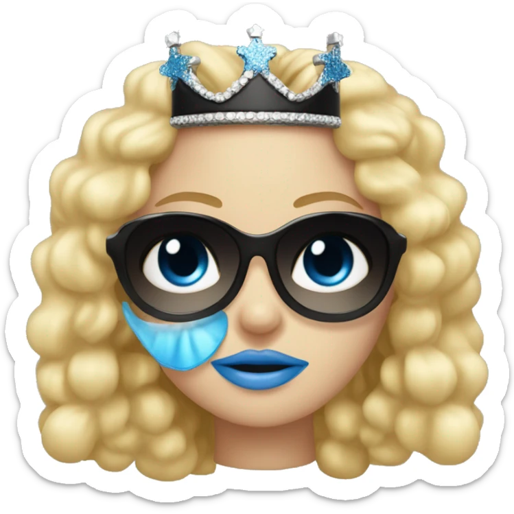 girl long blonde hair blue eyes and cherry lipstick wearing a crown and black sunglasses that cover her eyes sticker