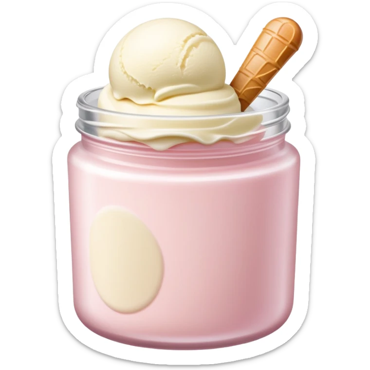 ultra realistic round single scoop of vanilla bean ice cream in light pink short jar sticker