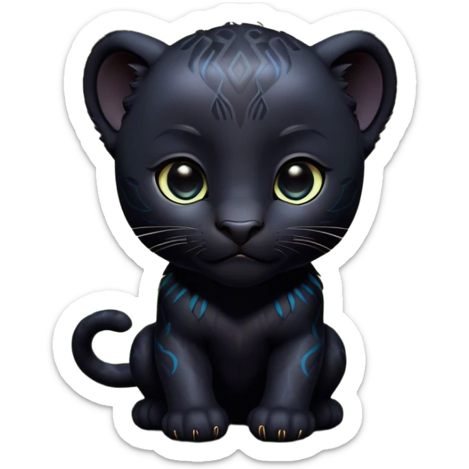 Cinematic Noble Baby black Panther Portrait Emoji, Poised with a touch of regal innocence, featuring a compact, sleek build with soft, dark fur and large, soulful eyes, Simplified yet sharp and sophisticated features, highly detailed, glowing with a gentle, mysterious glow, high shine, intelligent and endearing, stylized with an air of youthful authority, focused and attentive, soft glowing outline, capturing the essence of a tiny jungle guardian that appears ready to pounce out of the screen with effortless charm! sticker