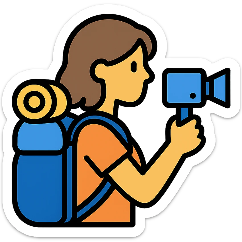 color outline icon of a hiking woman with brown hair holding a video camera sticker