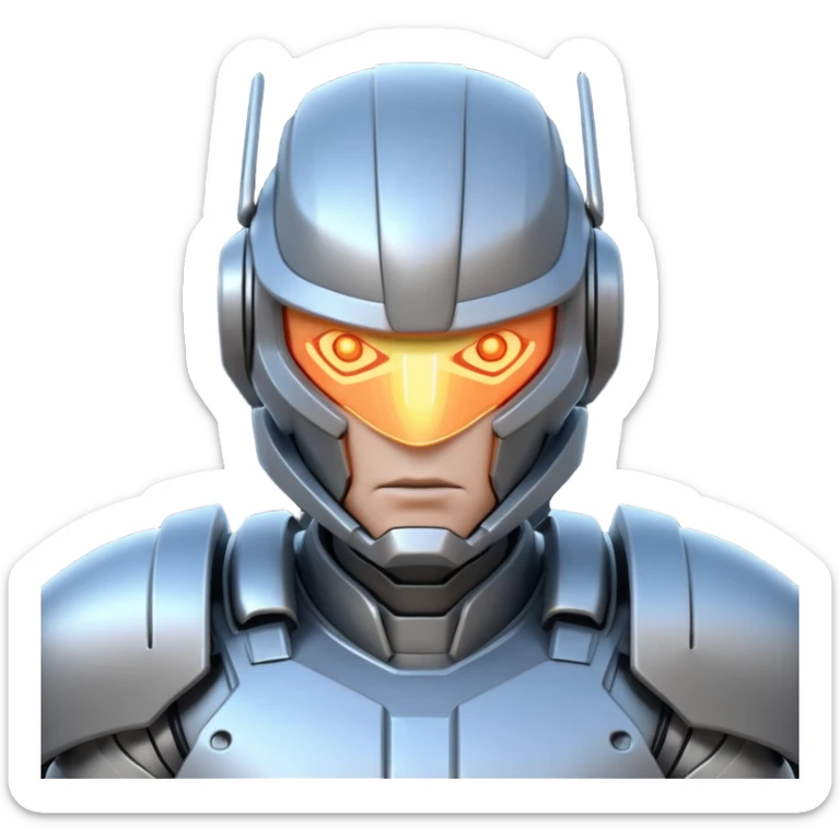 mechanical armored man portrait, head and shoulders only, futuristic metal armor, glowing energy lines, robotic shoulder plates, intense expression, sci-fi warrior vibe, 3D cartoon style, mobile game icon style, clean background, no text, no watermark
  sticker