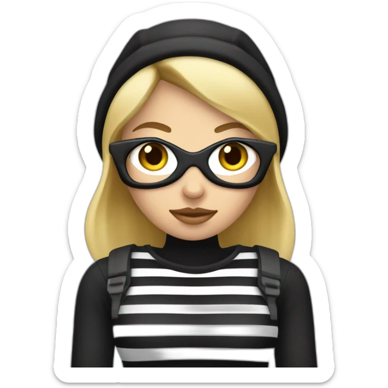bank robber blonde woman with black beanie hat eye mask and striped shirt sticker