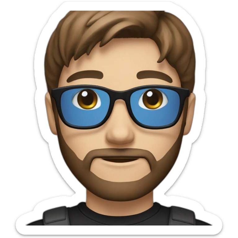 guy with straight long brown hair and blue eyes and transparent glasses and with beard and wears black tshirt and wears black cap sticker