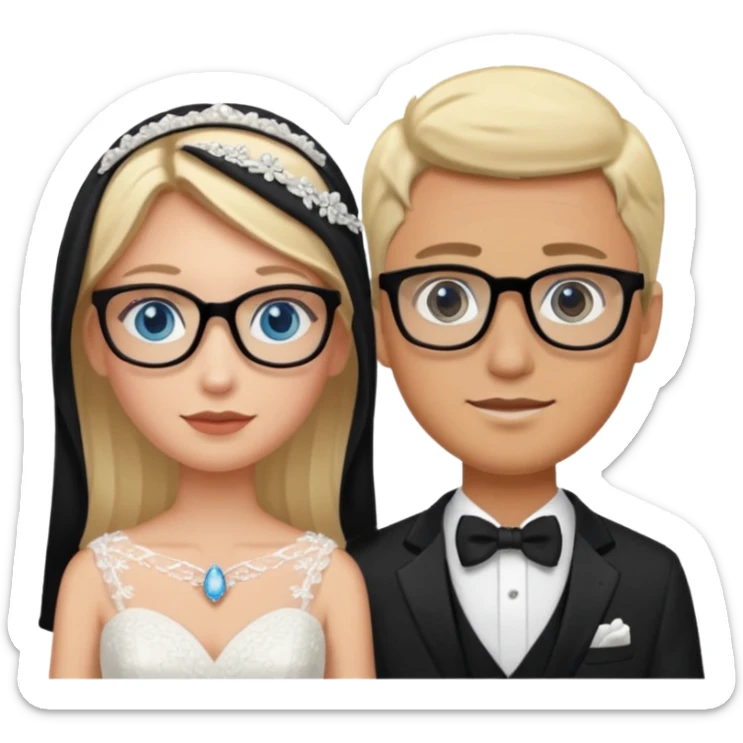 Blonde bride with blue eyes, groom with dark hair and eyes and glasses sticker