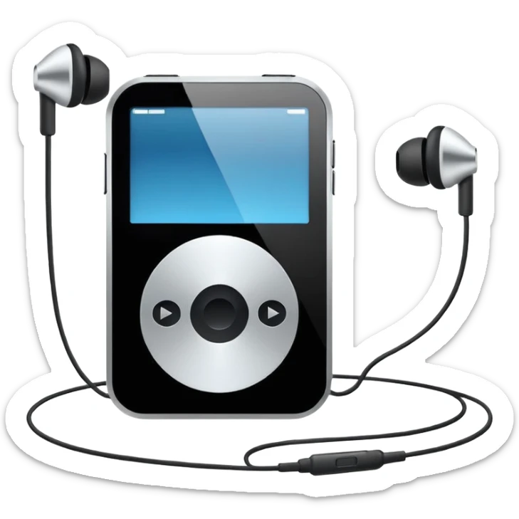 Futuristic iPod emoji with earphones, metallic black and white, smooth reflective surfaces, flat minimal vector design, clean UI style sticker