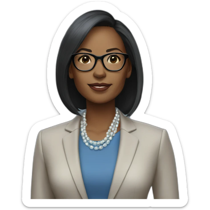 black woman ceo, black glasses, neck length straight hair, blue blazer, pearl necklace sticker