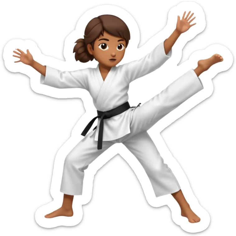 Ragazza castana che pratica karate, ha la cintura nera ed io tradizionale kimono bianco del karate, tira un calcio laterale oppure un pugno oppure è in posizione di guardia sticker