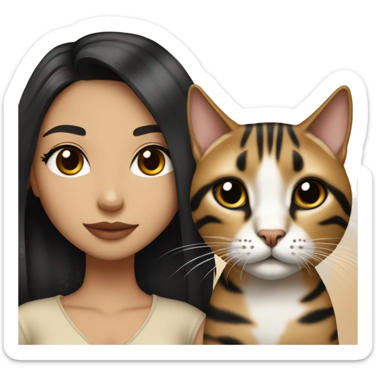 Girl with white skin, black eyes, shoulder length straight black hair, wears a beige blouse outfit, kissing a  bengal cat  sticker