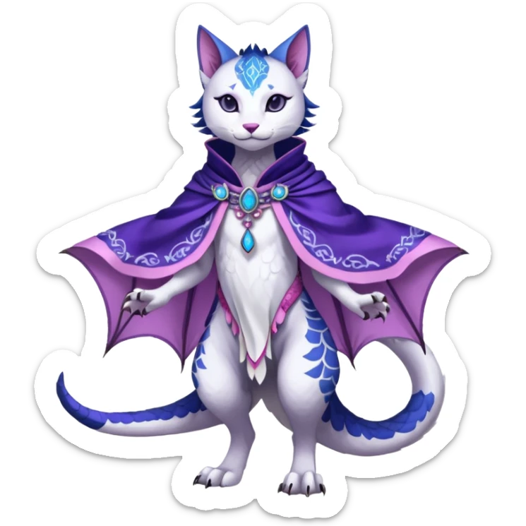 Kawaii white, indigo, purple, pink cute beautiful pretty elegant divine edgy feline-vernid-sergal-Haku-dragon-fursona-animal-creature, full body, with intricate detailed markings, Embroidered capelet, silken shawl sticker