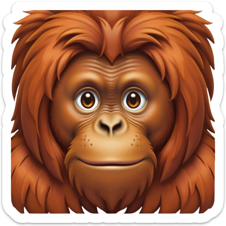 Cinematic Noble Orangutan Portrait Emoji, Poised and regal, with a robust, thoughtful build and deep, soulful eyes framed by rich, textured fur, Simplified yet sharp and sophisticated features, highly detailed, glowing with a soft, earthy glow, high shine, intelligent and contemplative, stylized with an air of ancient wisdom, focused and commanding, soft glowing outline, capturing the essence of a watchful and confident guardian that appears ready to step out of the screen with timeless authority! sticker