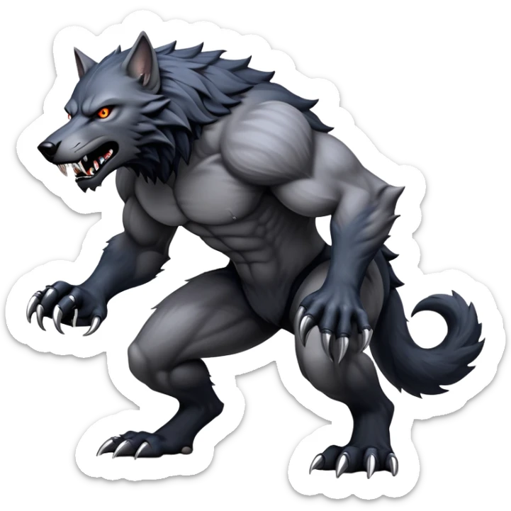 cinematic-noble-fierce-werewolf-full body on all fours-emoji, poised-and-imposing, with a tall, lean, and muscular wolfish frame inspired by the brutal, imposing shape of the beast from Berserk, fur rippling in shades of midnight black and silver, massive paws with razor-sharp claws, elongated limbs and fangs, eyes glowing with an intense, primal ferocity, reflecting the untamed power of the wild moonlit night; rendered with realism like a wolf hunched over battle ready pose ready to attack sticker