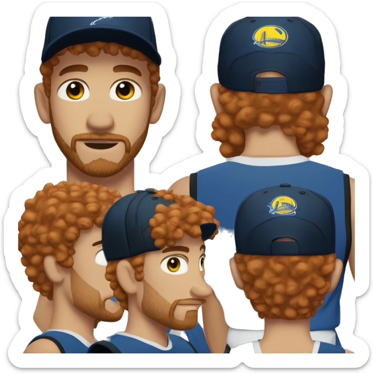 35 years old, male, short curly red hair, black basketball hat, blue eyes, pale complexion, thick beard and thin mustache sticker
