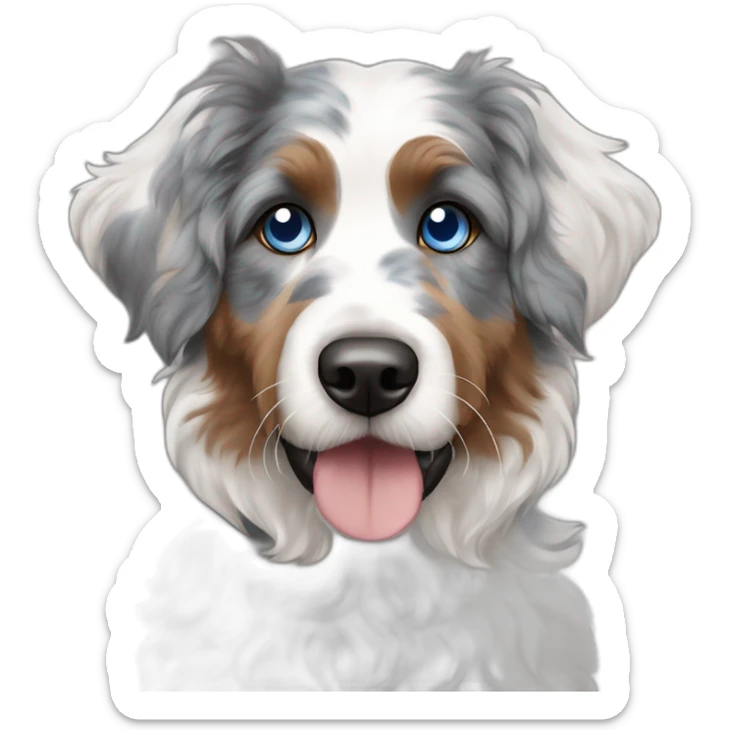 A dog with one blue eye and one half brown and blue of breed blue Merle Aussiedoodle sticker