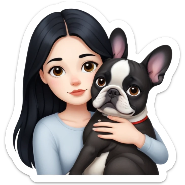 A beautiful girl with long black hair hugs a French bulldog sticker