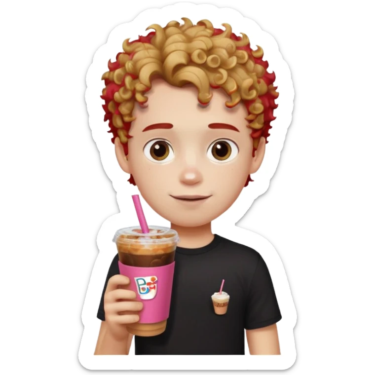 Boy white skin wearing cool black shirt with red words, boy has curly brown hair with blonde highlights give him a Dunkin iced coffee in hand. sticker