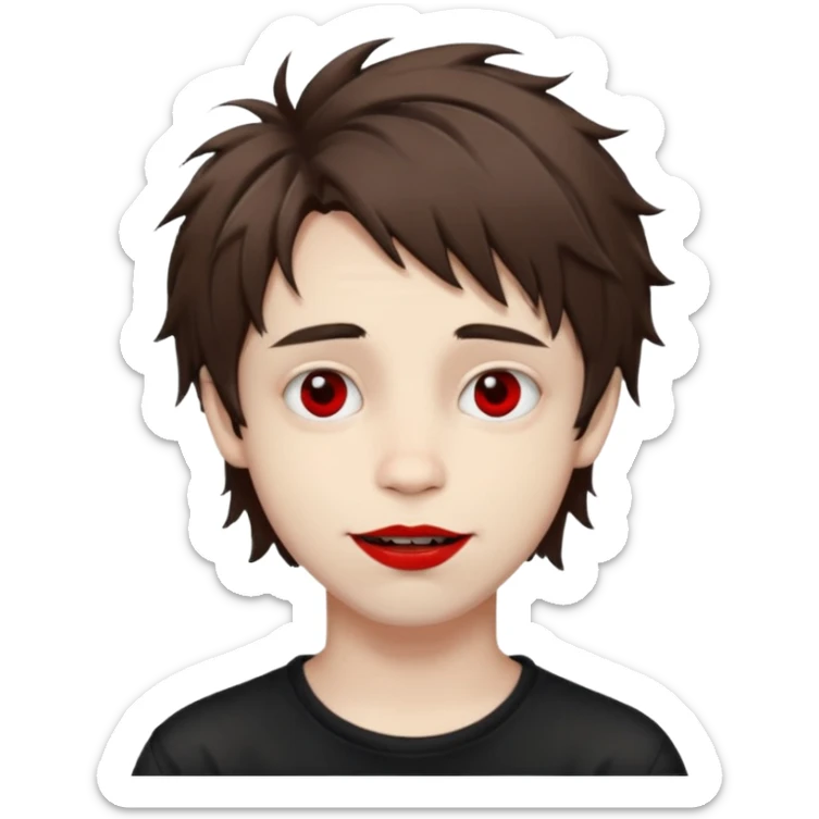 Happy pale Goth boy with shaggy brown hair, and messy, smudged, red, lipstick  sticker