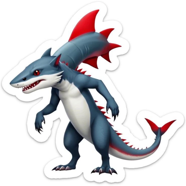 Cool Realistic dark edgy canine-vernid-sergal-fursona-hybrid-animal creature with a shark-tail and red scars, full body, with sharp markings  sticker