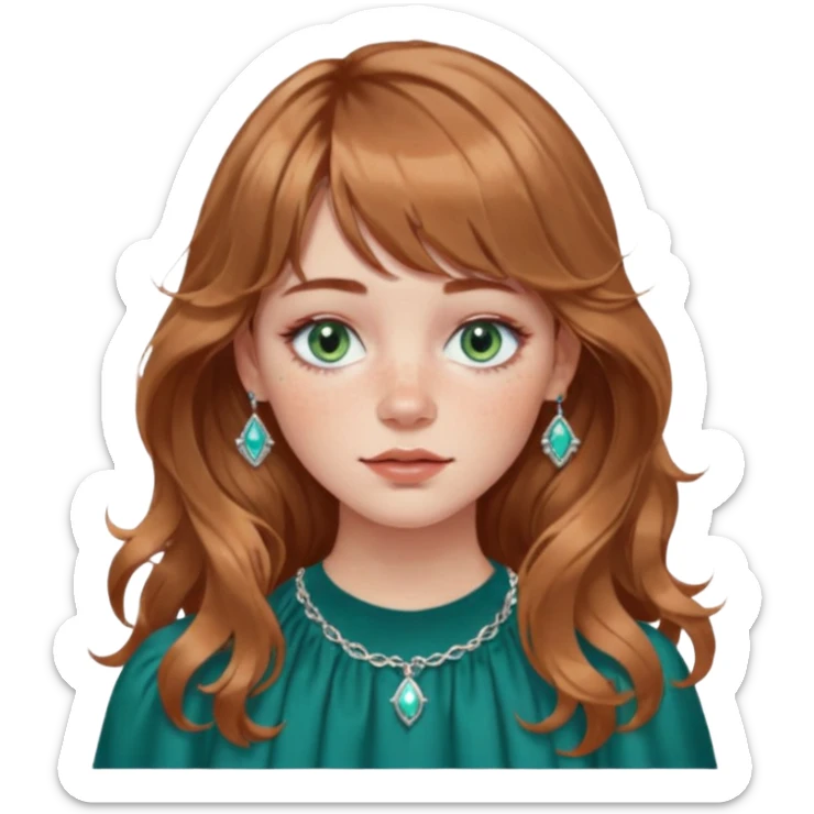 Woman with light light brown wavy hair and curtain bangs, freckled fair skin, blue-green eyes, rosy lips, septum ring, soft natural makeup, delicate silver jewelry, relaxed expression. sticker