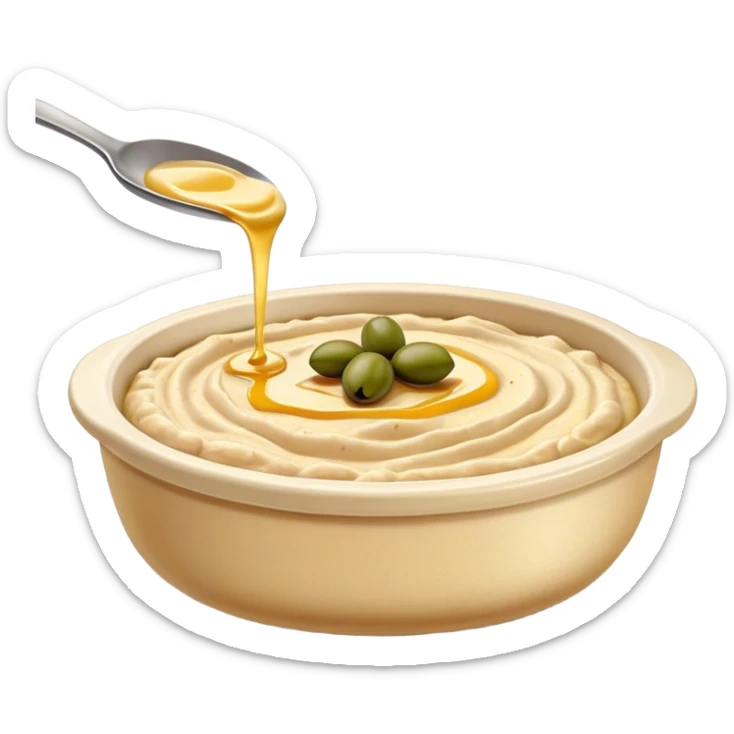 Cinematic Realistic Hummus Dish Emoji, depicted as a creamy chickpea dip drizzled with olive oil rendered with rich textures and warm, inviting lighting. sticker
