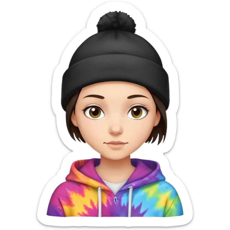 shaved haired brunette girl with a black beanie on and a tiedye hoodie sticker