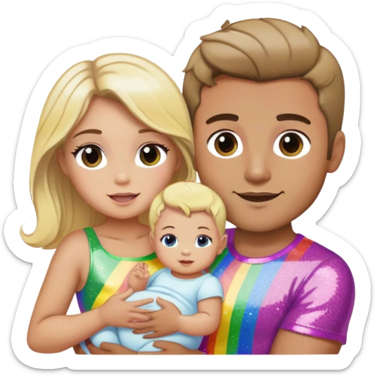 Brunette man and brunette woman with blonde baby gay rainbow glitter pride sticker