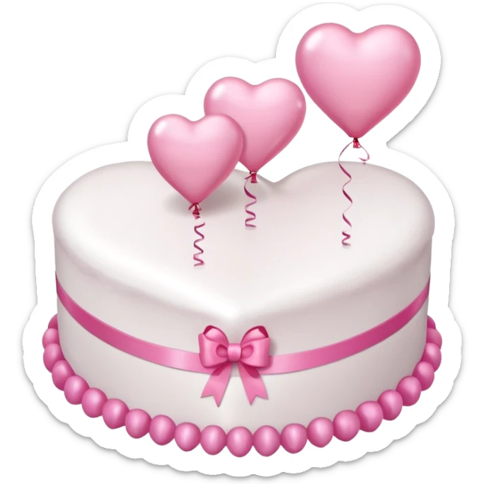 white heart shaped birthday cake with pink bow, pink balloons in background  sticker