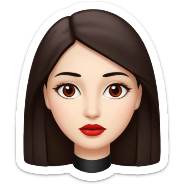 A woman emoji with fair skin, long straight dark brown hair parted in the middle, an oval-shaped face, arched dark eyebrows, almond-shaped brown eyes, a small nose, and full lips colored with red lipstick. sticker
