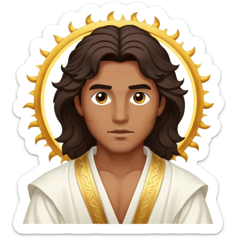 Cinematic Realistic Hercules Portrait, depicted as a classical Greek hero inspired by the Disney version yet echoing the refined proportions and serene dignity of Michelangelo's David. His idealized, sun-kissed bronze skin glows with timeless strength, and his thick, wavy dark hair falls in natural, sculpted curls. Draped in a flowing white robe with delicate golden accents, his expressive eyes radiate determined nobility, all rendered under dynamic natural lighting with a mythic, radiant glow. sticker