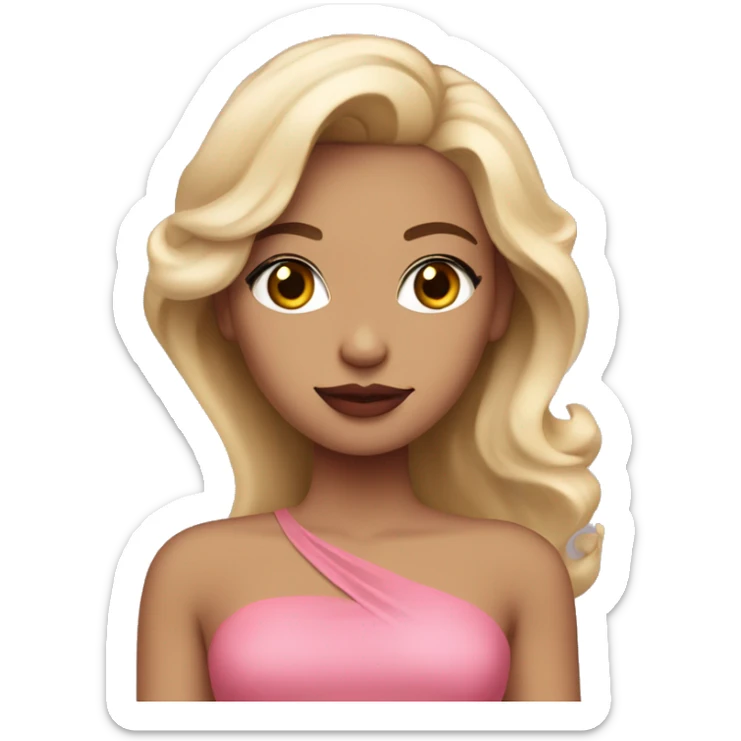 Girl with blonde hair, red lipstick, and tan skin wearng makup and a pink dress sticker