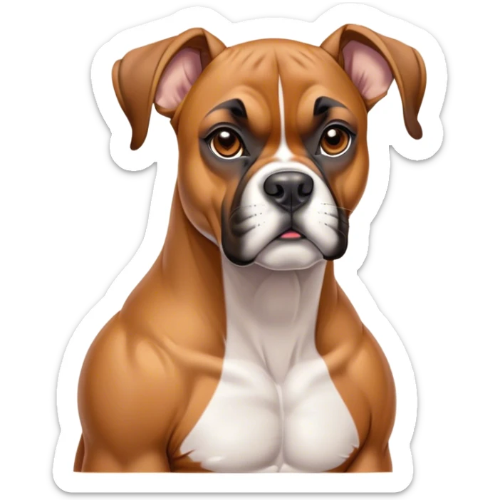 Cinematic Noble Fawn Boxer dog Portrait Emoji, Poised and regal, with a strong, muscular build and a sleek, well-groomed fawn Fur accented by a white muzzle and chest, deep-set soulful brown eyes, Simplified yet sharp and sophisticated features, highly detailed, glowing with a soft, dignified glow, high shine, intelligent and loyal, stylized with an air of strength, focused and attentive, soft glowing outline, capturing the essence of a watchful and confident guardian, so majestic it feels as though it could step out of the screen with effortless authority! sticker