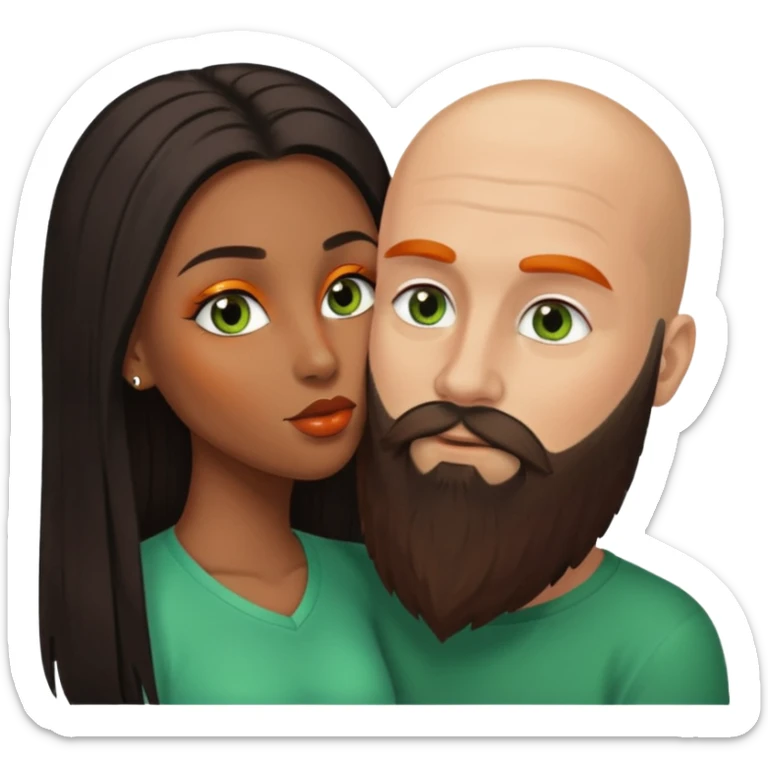 Brown eyed ebony black woman with brown eyes and long balayage brown/black hair.  She is kissing bald white man. The White man is 47yrs old, pale, he has green eyes has orange facial hair and long beard  sticker