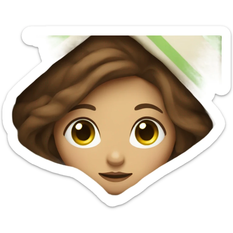 a girl with brown hair and green eyes sits wrapped in a blanket sticker