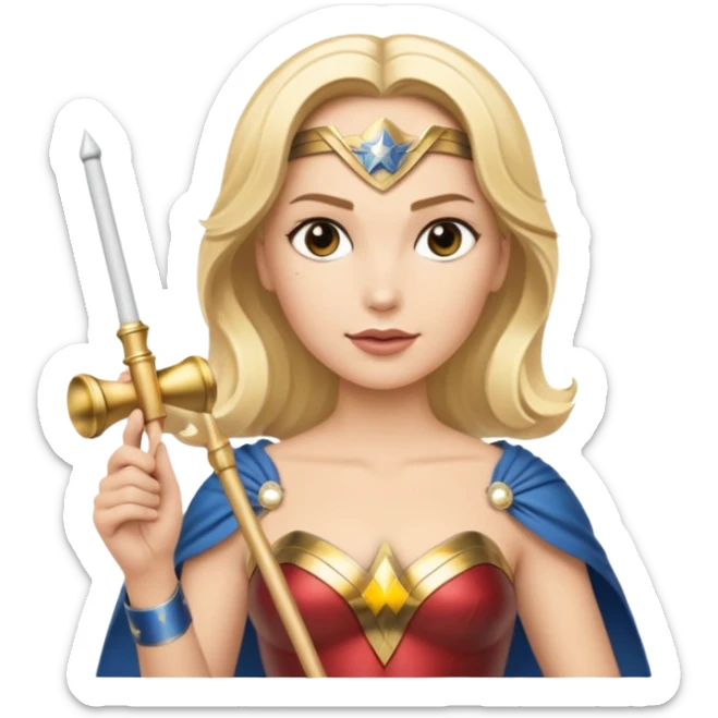 Blonde Wonder Woman holding short white orchestra conductor’s baton and bell sticker
