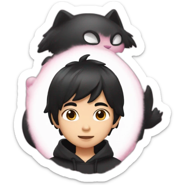 Asian boy, with fluffy black hair wearing a black hoodie with “ねこ” in pink lettering sticker