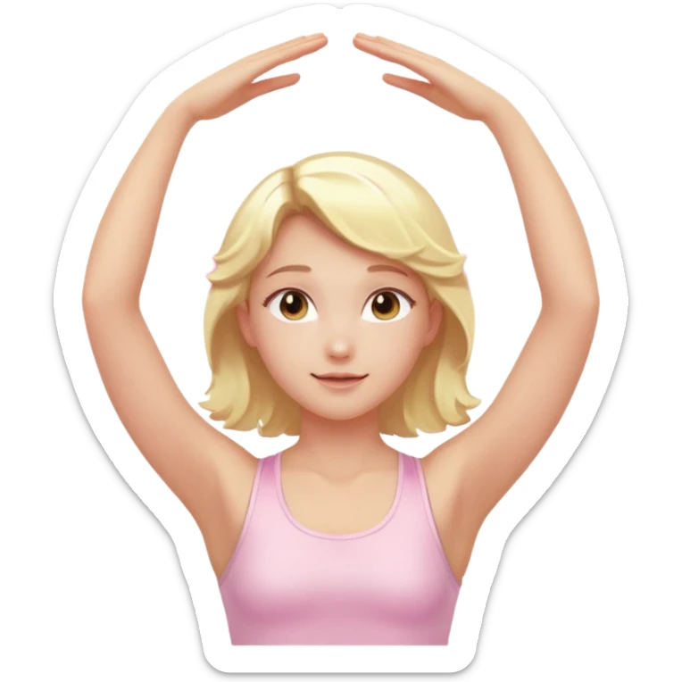 angelic blonde girl stretching in light pink gym with a glowing halo sticker