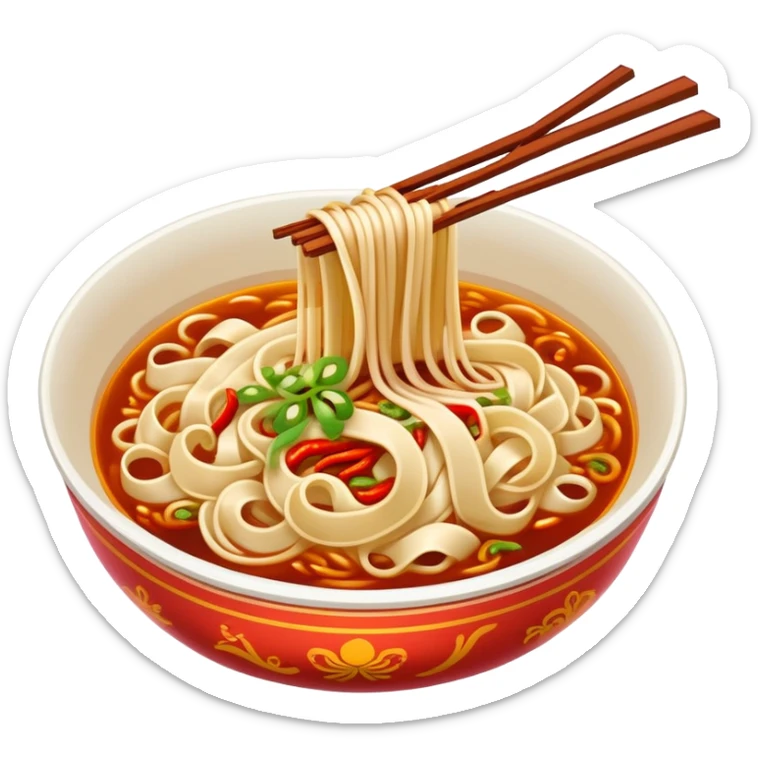 Xi'an Biangbiang noodles with extra wide belt shape and chili oil, simplified emoji style with bold outlines and bright colors, cartoon style Shaanxi specialty sticker