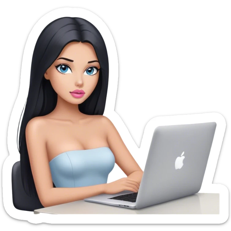 Glamours tanned very beautiful girl with pump light pink lips and black straight smooth long hair, blue-grey eyes in white strapless bodysuit with one MacBook in office sticker