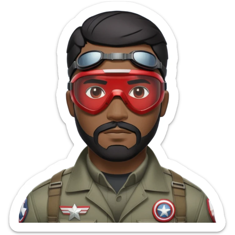sam wilson have a short, neatly cropped black hair. It is evenly trimmed and close to the scalp, maintaining a clean and military-inspired and  a well-groomed beard that connects to his mustache,  wear sleek, red-tinted tactical goggles fit snugly from captain america: civil war sticker