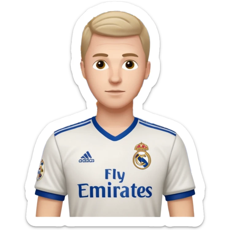 White male wearing Adidas Real Madrid jersey with Champions logo on sleeve and Fly Emirates on chest sticker