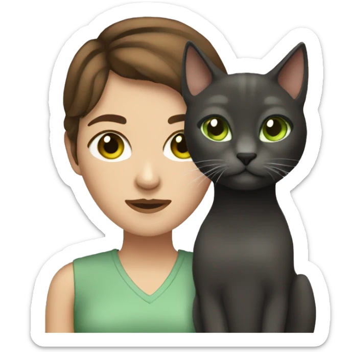  Woman with short brown hair holding a Dark graycat with light green eyes sticker
