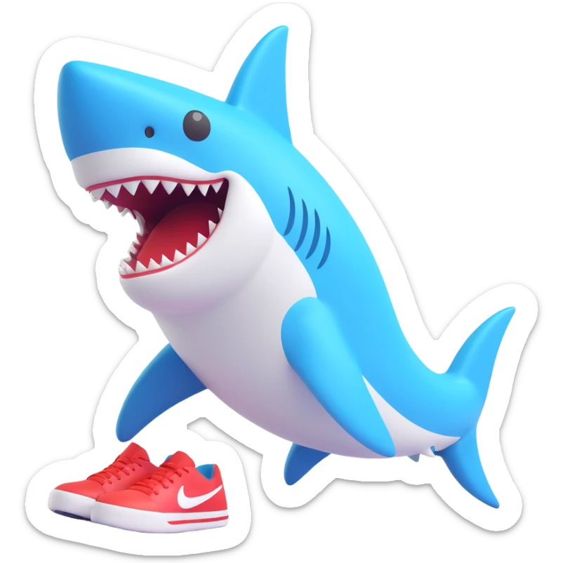 Make the Nike shoes on the shark much more colorful, with bright and varied colors, keep the rest the same, no background, in a similar 3D emoji style. sticker