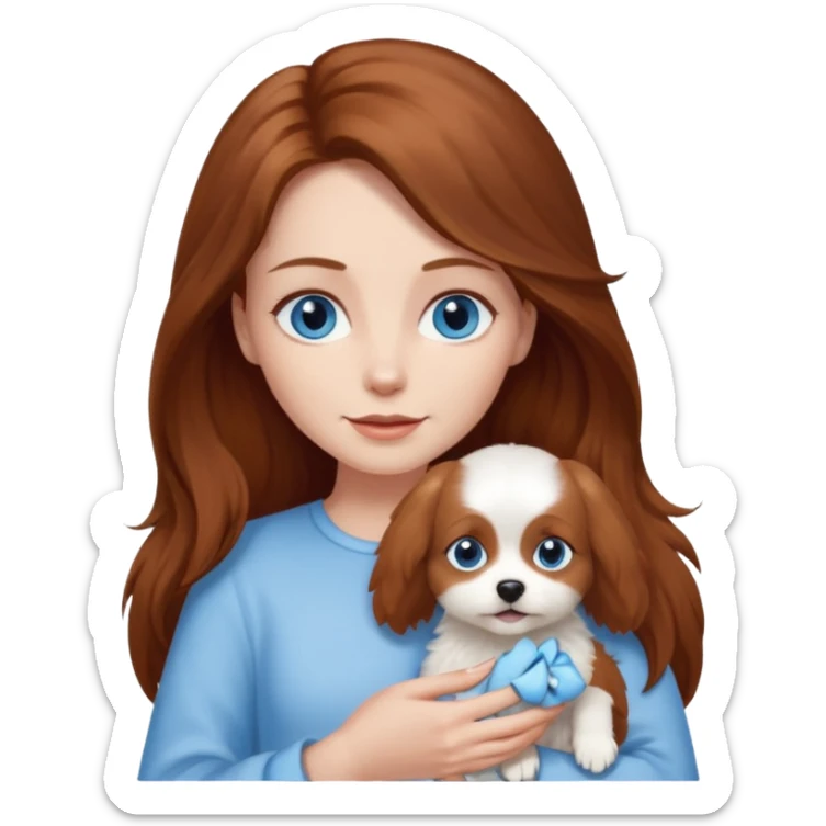 long hair chestnut color blue eyes woman holding small completely white dog sticker