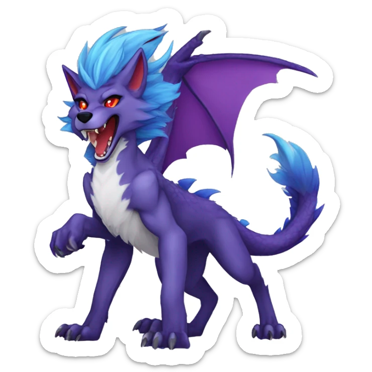 my fursona male stormkiller dragon wolf shankbat/foxtiger hybrid  with purple hair and red eyes and blue scales and hand wave  sticker